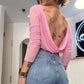 Y2k Aesthetic Low Back Blouse Women Open Back Shirt Long Sleeve Backless Boat Neck Blouse Going Out Workout Outfit