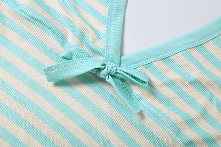 Stripe Print 2 Piece Set Woman Bow Decoration Halter Low-Neck Navel Exposed Tops+Skinny Mini Shorts Sexy Fashion Suit