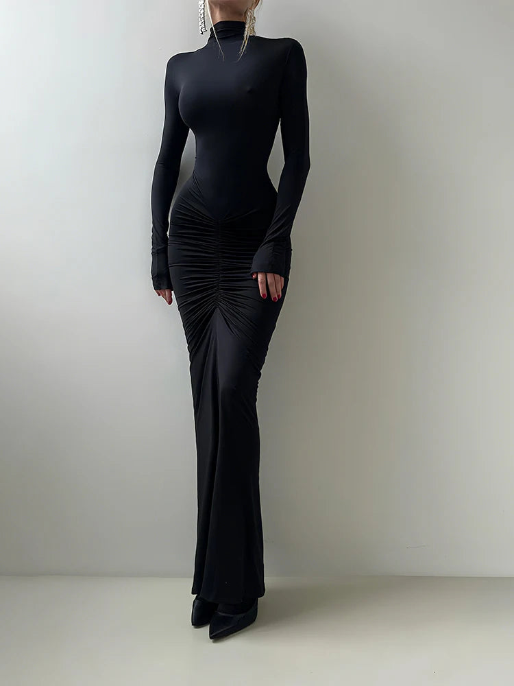 Elegant Turtleneck Dress Women Classic Ruched Fall Trend Full Sleeve Stretch Party Prom Skinny Stretch Slim Vestidos