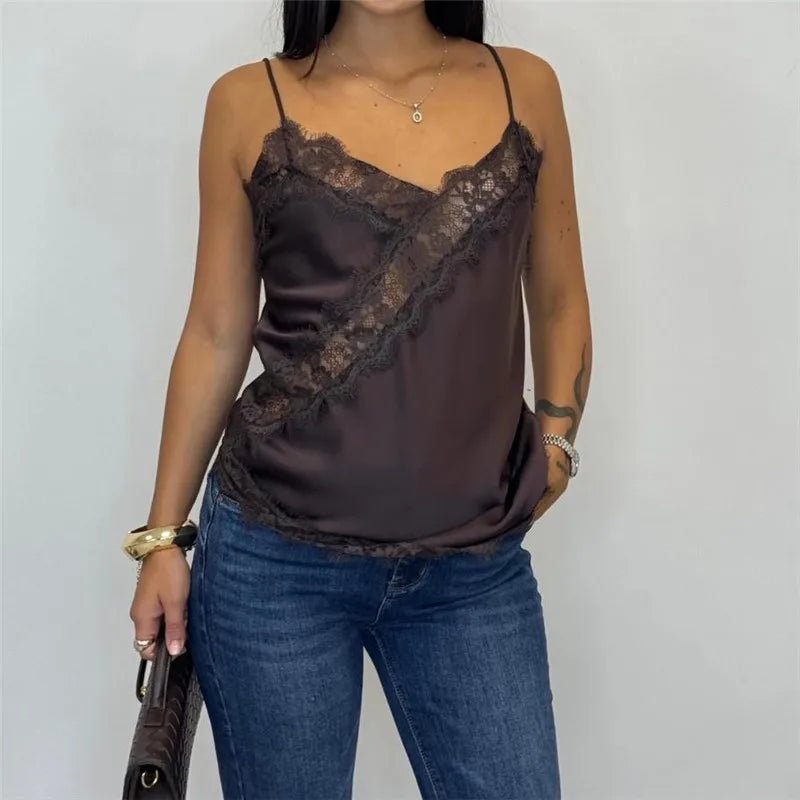 Women Lace Silk Satin Tank Tops Y2k Fairy V Neck Camisole Sleeveless Spaghetti Strap Summer Going Out Tops Streetwear