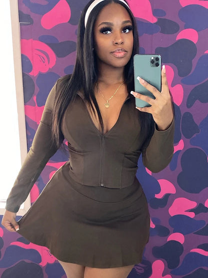 Y2K Solid Style 2 Piece Set Women Zipper Cardigan Full Sleeve Tops+Ruched Mini Skirts Daily Casual Simple Streetwear