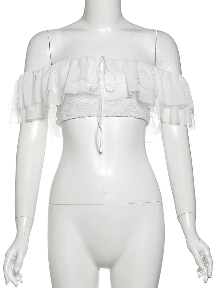 Elegant 2Piece Set Women Tierred Patchwork Bandage One Shoulder Tops+Irregular Hem Ruffles Skirts Vacation Chic Suits