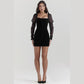 All Black Long Sleeve Bodycon Dress Elegant Sheer Mesh Puff Sleeve Square Neck Backless Short Dresses Velvet