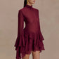 Mesh See Through Ruffle Sexy Mini Dress Women Elegant Turtleneck Long Sleeve Tiered Frills Club Party Dresses Female