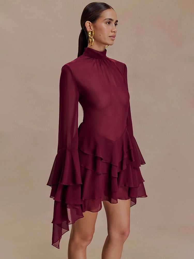 Mesh See Through Ruffle Sexy Mini Dress Women Elegant Turtleneck Long Sleeve Tiered Frills Club Party Dresses Female