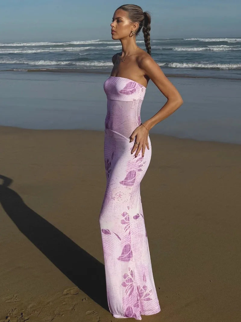 Purple Floral Print Party Dresses for Wedding Guest Strapless Backless Maxi Dress Elegant Woman Clothes