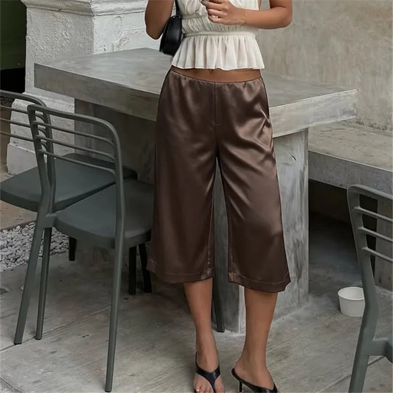 Silk Like Satin Capri Culottes Ladies High Rise Front Pleat Wide Leg Mid Calf Loose Draped Office Commuter Trousers