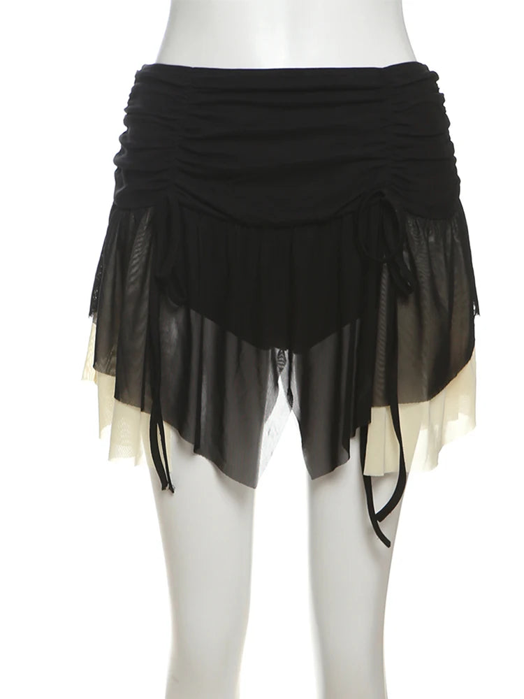 Mesh See Through 2 Piece Set Women Sexy Backless Camisole+Contrast Patchwork Ruched Skirts Hot Girls Wild Style Suits