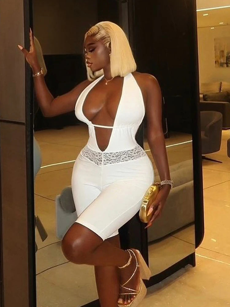 Sexy Backless Halter Romper Women Hottie Lace Patchwork Deep V-Neck Ruched Bandages Sleeveless Trend Party CLubwear