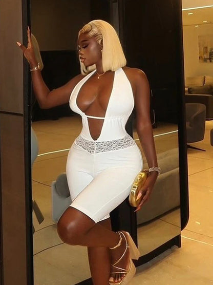 Sexy Backless Halter Romper Women Hottie Lace Patchwork Deep V-Neck Ruched Bandages Sleeveless Trend Party CLubwear