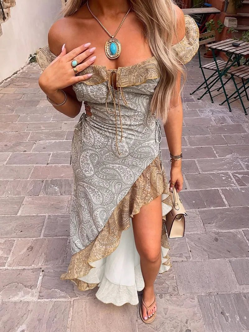 Off The Shoulder Ruffled High Split Dress for Woman Elegant Paisley Print Sleeveless Long Dresses Resort Wear