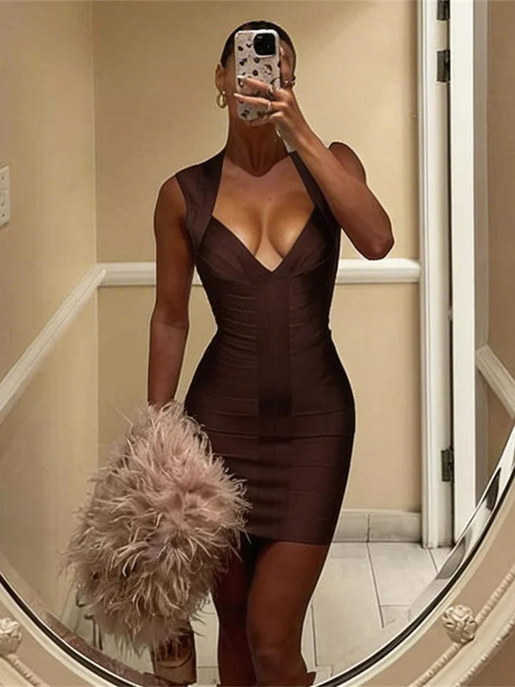 Elegant Dress Women Folds v-Neck Sleeveless Skinny Elasticity Summer Prom Party Fashion Chic Midnight Mini Bodycon
