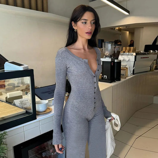 Grey Black One Piece Knit Stretch Jumpsuit Button Up Long Sleeve Bodycon Romper Comfy Fall Winter Outfits