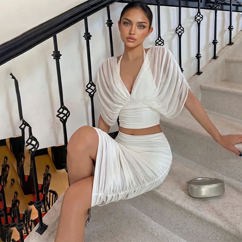 White Mesh Two Piece Set Draped V-neck Batwing Top and Ruched Midi Skirt Sexy Party Outfits for Woman