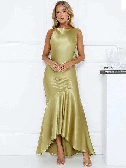 Elegant Satin Backless Sexy Maxi Dress Women Fashion Sleeveless Backless Pleated Bodycon Club Party Long Dresses