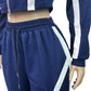 Casual Tracksuit 2-Piece Set Women Stripe Patchwork Zip Lapel Crop Jacket+Drawstring Pants Matching Sporty Outfits