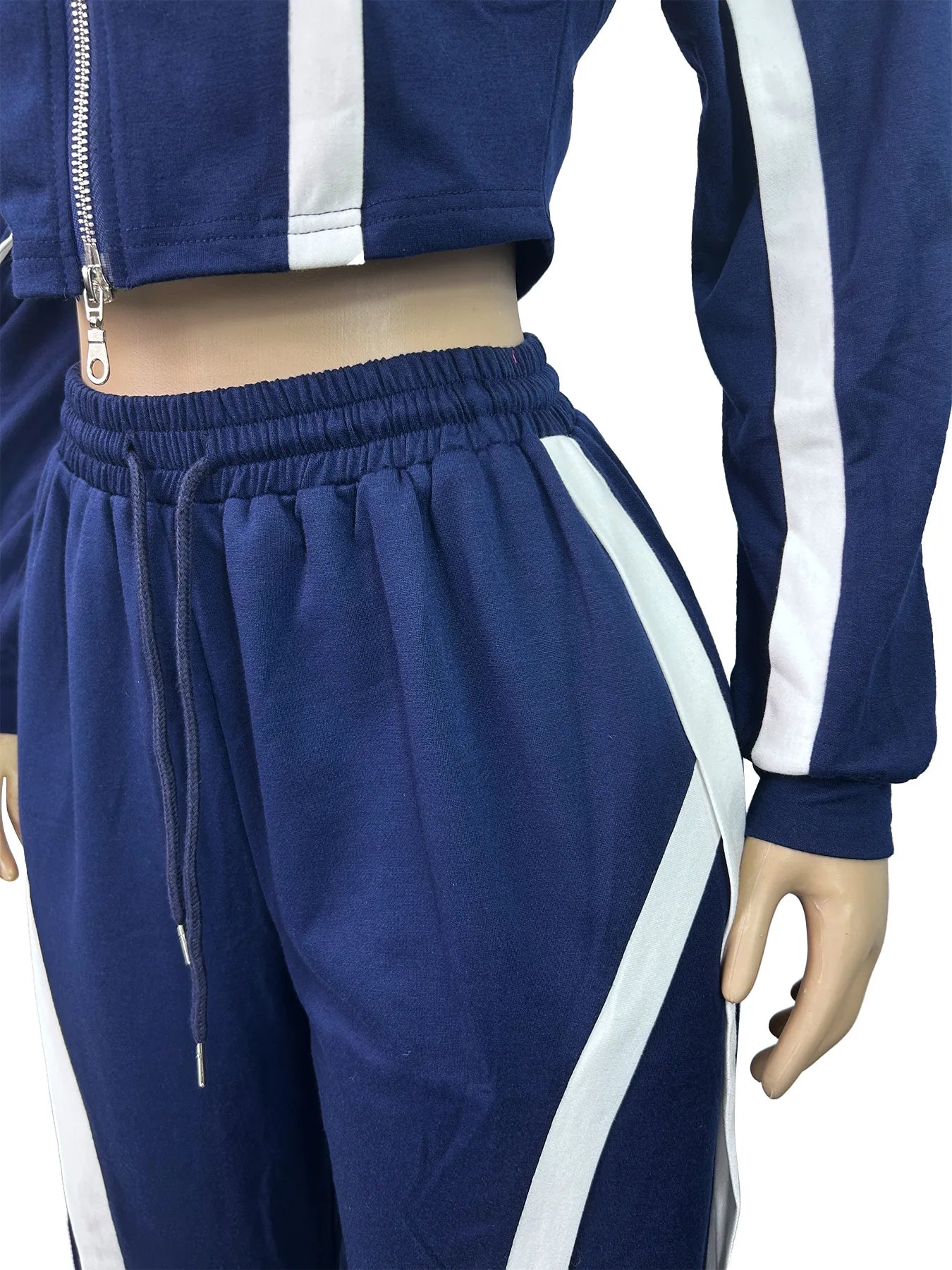 Casual Tracksuit 2-Piece Set Women Stripe Patchwork Zip Lapel Crop Jacket+Drawstring Pants Matching Sporty Outfits