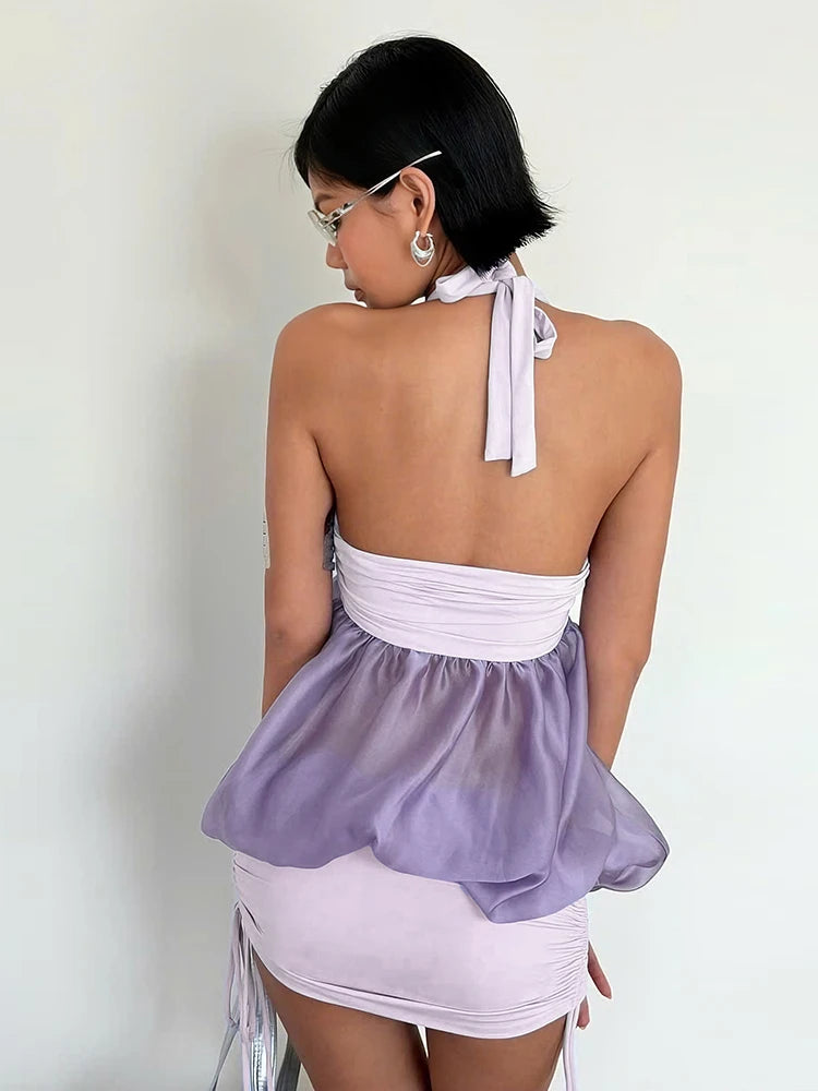 Low-Neck Mesh Patchwork Mini Dress Woman Lace-Up Halter Backless Shirring Skinny Wrap Hip Street Elegant Style Bodycon