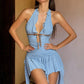 Ruffles Tassel Dress Women Bandge Bow Halter v-Neck Backless Sleeveless Folds Skinny Fashion Summer Party Bodycon