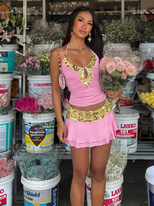 Sequins Patchwork 2 Piece Set Woman Halter Low-Neck Backless Tank Tops+Tierred Mini Skirt Summer Holiday Elegant Suit
