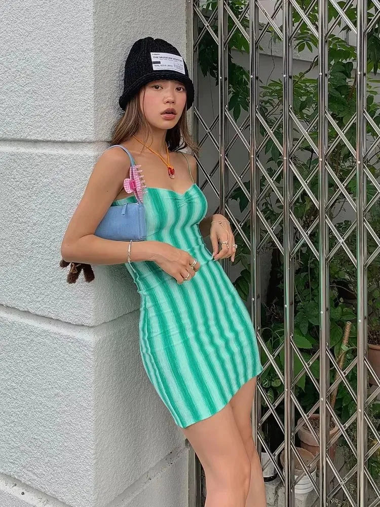 Striped Print Dress Women Spaghetti Strap 2025 Summer Trend Sleeveless Backless Pleated Beach Vacation Mini Bodycon
