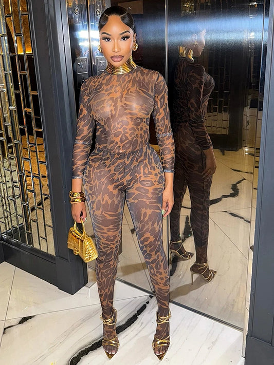 Sexy Mesh 2 Piece Set Women Leopard Print Turtleneck Full Sleeve Bodysuit+Skinny Peach Hip Long Pants Wild Style Suit