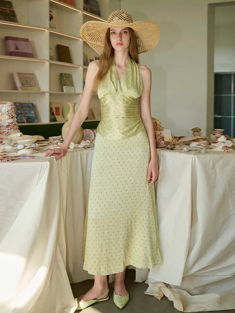 Summer Polka Dot Print 2-Piece Set Women Halter Bandage v-Neck Backless Folds Vest+Elastic Waist Simple Skirt Chic Suit