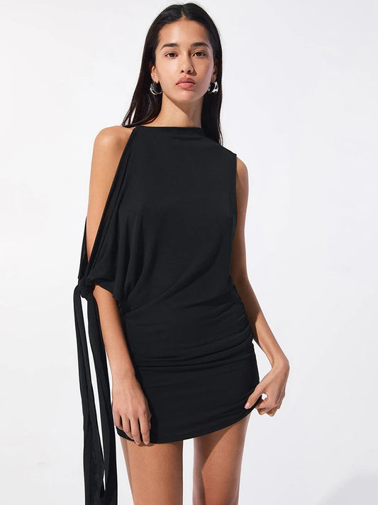 Hollow Knot Dress Women Sexy Solid Pleated Tassel Patchwork Casual Summer Trend Midnight Clubwear Party Mini Bodycon