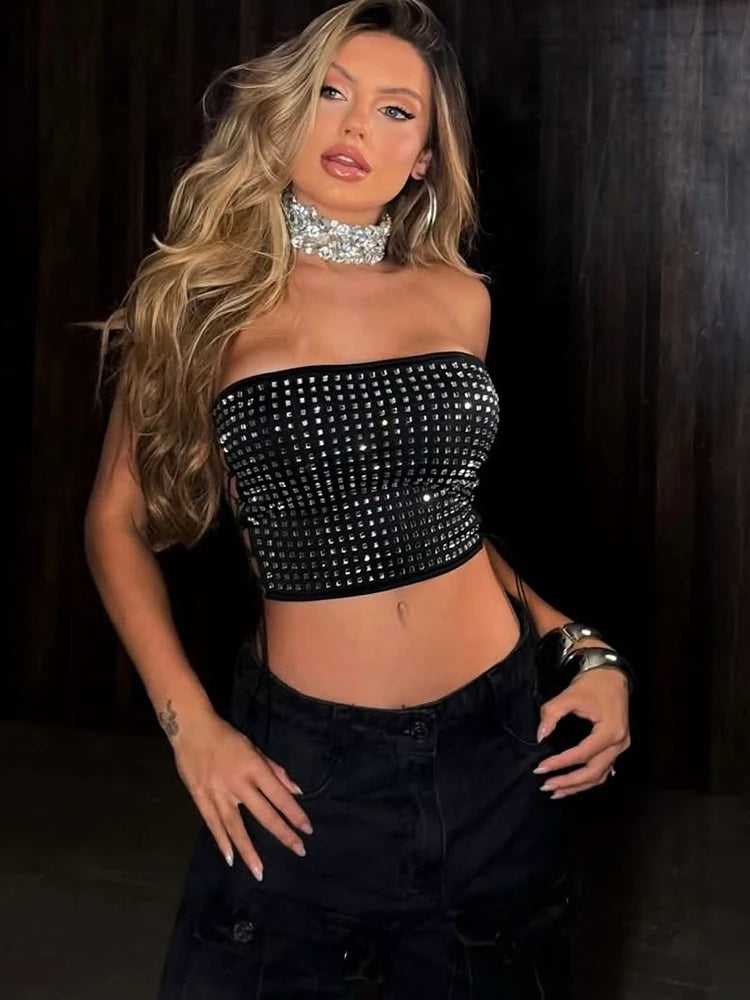 Rhinestone Applique Tank Top Women Hottie Trend Shirring Patchwork Stretch Sexy Wild Midnight Street Club Party Vest
