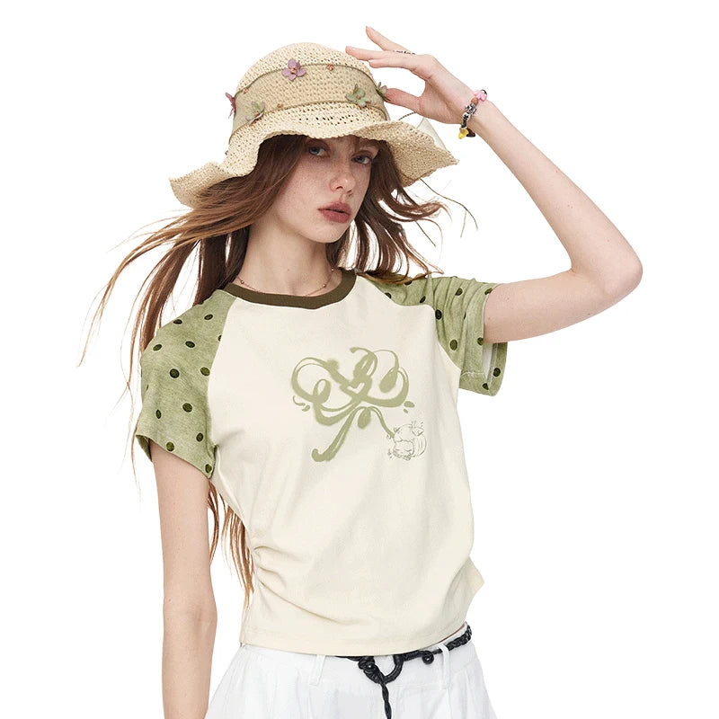 Polka Dot Raglan Sleeve Baby Tee, Bow Print Slim Fit Y2K Casual T-Shirt, Pink & White Retro Top