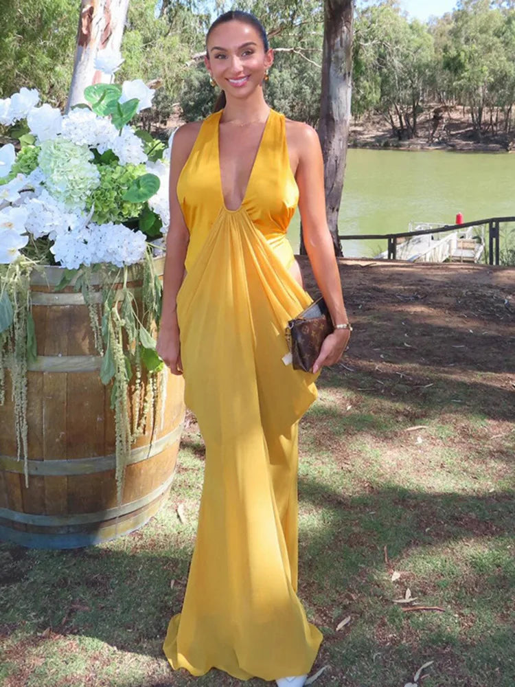 Deep V Neck Backless Sexy Maxi Dress Women Summer Elegant Halter Off-shoulder Sleeveless See Through Beach Club Dress