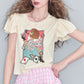 2025 Summer New Arrival Sweet Cool Faux Ice Silk Bubble Sleeve Printed Knit Sweater Women‘s’ Fit Short Sleeve Top