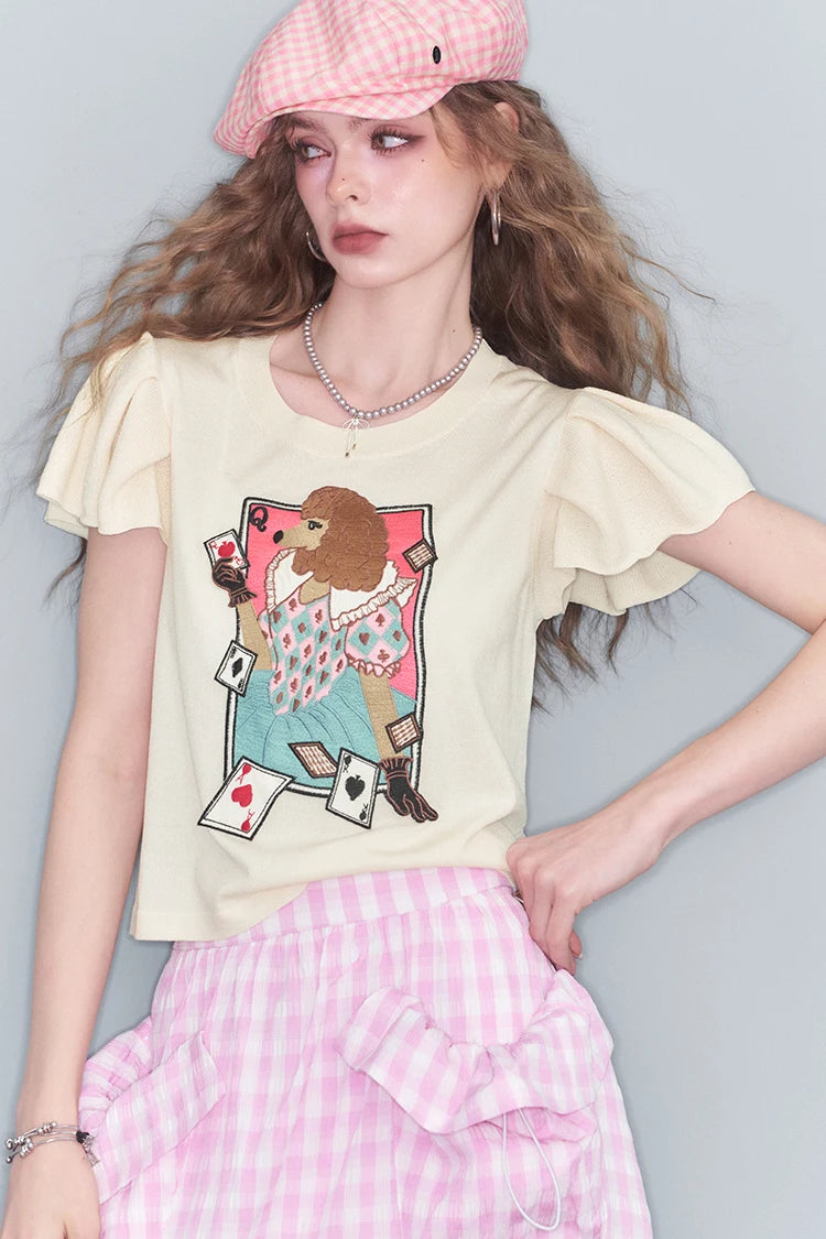 2025 Summer New Arrival Sweet Cool Faux Ice Silk Bubble Sleeve Printed Knit Sweater Women‘s’ Fit Short Sleeve Top