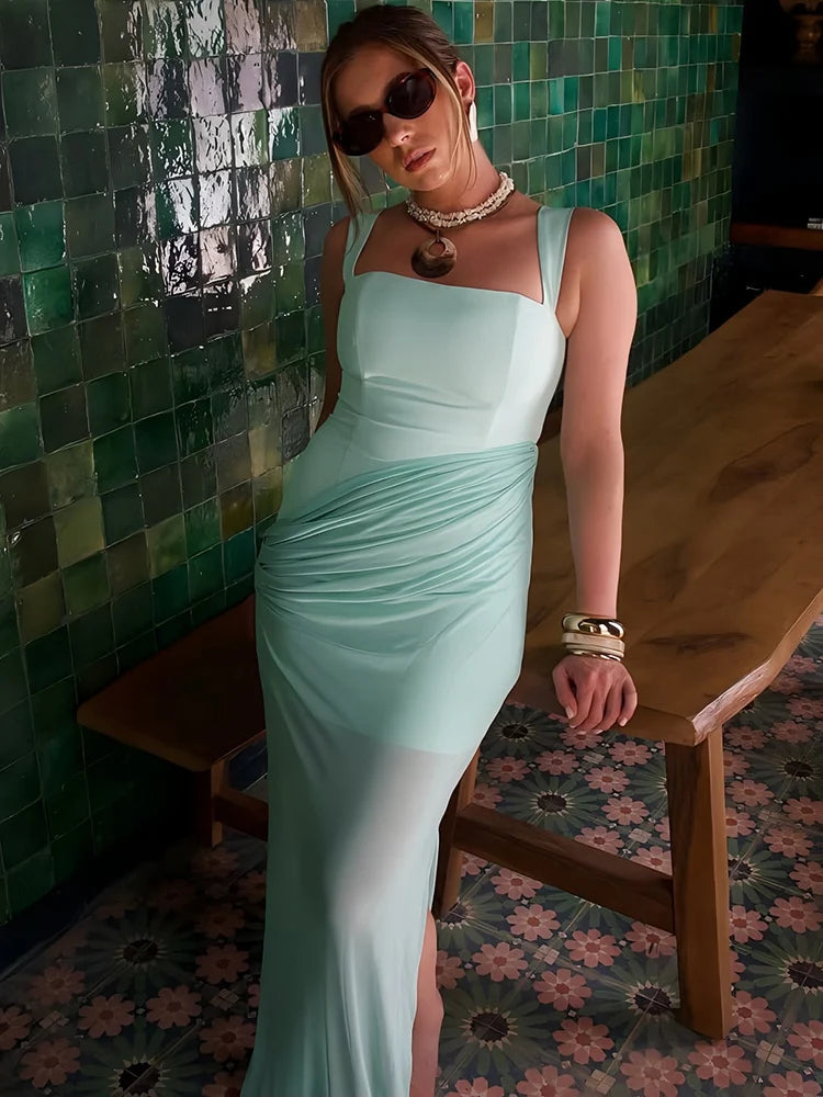 Elegant Ruched Sexy Maxi Dress Women Gown Patchwork Square Collar Sleeveless Backless High Waist Club Party Long Dress