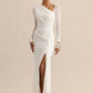 One Shoulder Mesh Long Sleeve Maxi Dress Women Ruched Thigh High Slit Bodycon Evening Party Wedding Guest Long Dress