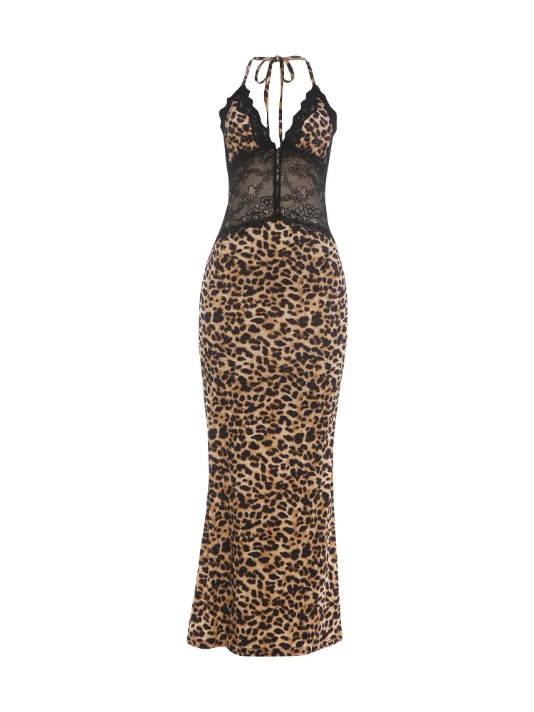 Lace Patchwork Dress Women Leopard Print Backless Halter Bandages Sleeveless Sexy Hottie Party Street Maxi Bodycon