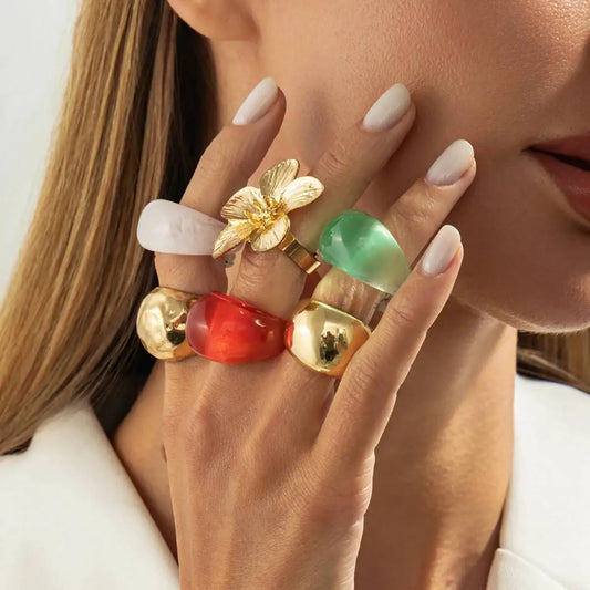 6 Pcs/Set Y2K Bohemian Vintage Colorful Resin Rings 2026 New Fashion Gold Color Metal Flower Joint Rings Wedding Jewelry