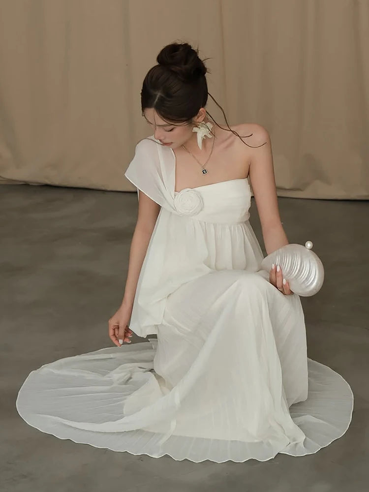3d Flower Decoration Maxi Dress Women Mesh Tassel Chest Wrap Folds Solid Elegant Wedding Party Vacation Vestidos