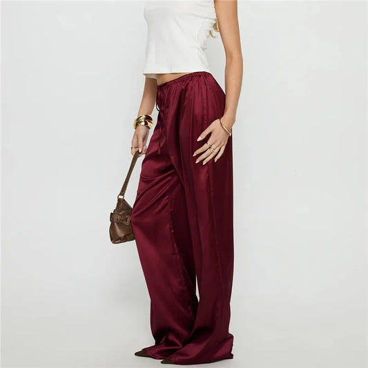 Women's Satin Silk Solid Color Pants Elegant Elastic Drawstring Waist Loose Fit Trousers for All Seasons Y2K Streetwear