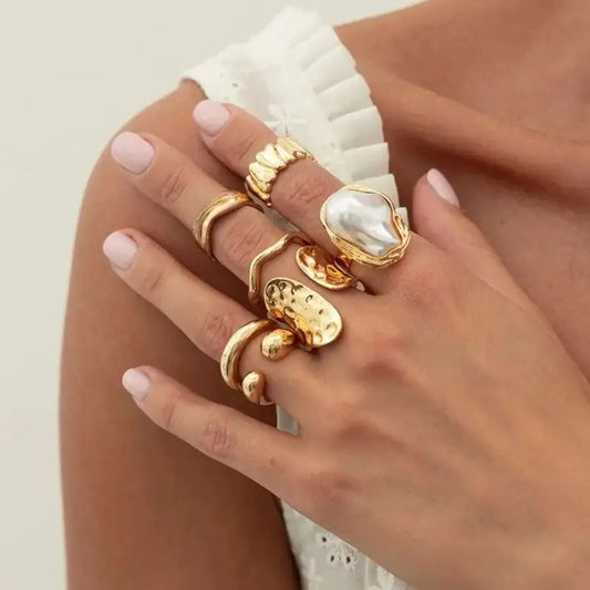 7Pcs/Set Baroque Imitation Pearl Alloy Open Adjustable Rings Women Elegant Geometric Ring Wed Bridal Aesthetic Jewelry