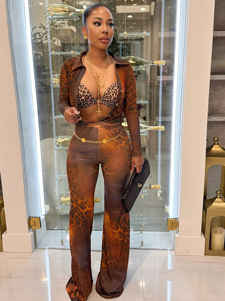 See Through Leopard Print 2 Piece Set Women Sexy Button Tight Blous+Flared Pants Matching Street Club Stretch Outfits