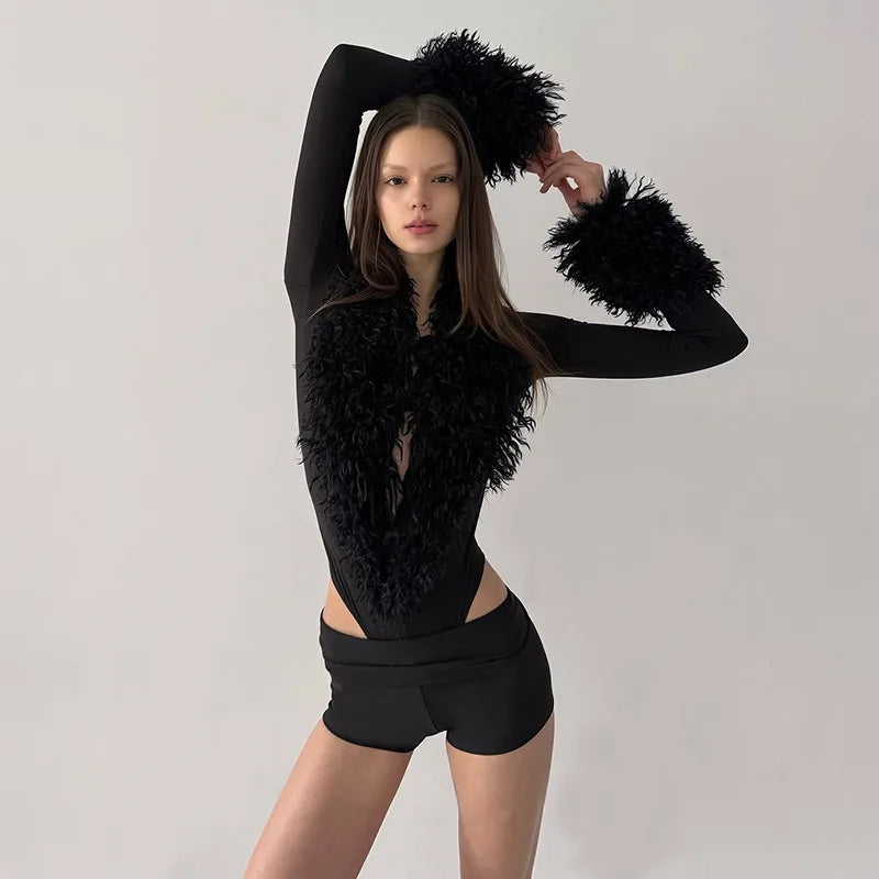 Faux-fur Collar Deep V Neck Long Sleeve Bodysuits & One Pieces Bodycon Top Women' S Clothing Winter 2026