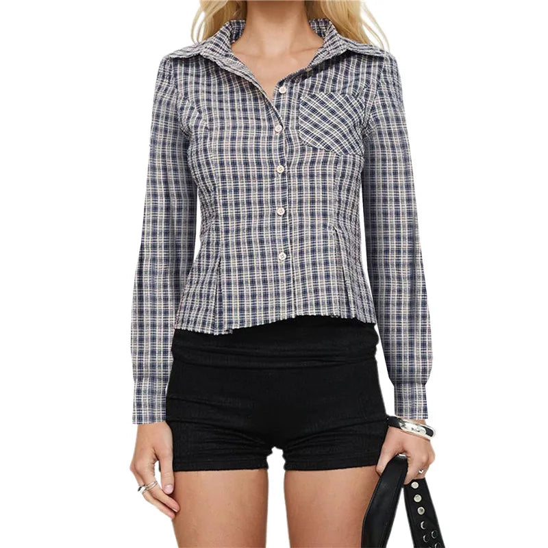 Women Slim Fit Button Down Striped Shirt Long Sleeve Fitted Button Up Shirt Vintage Y2K Pinstripe Collared Blouse