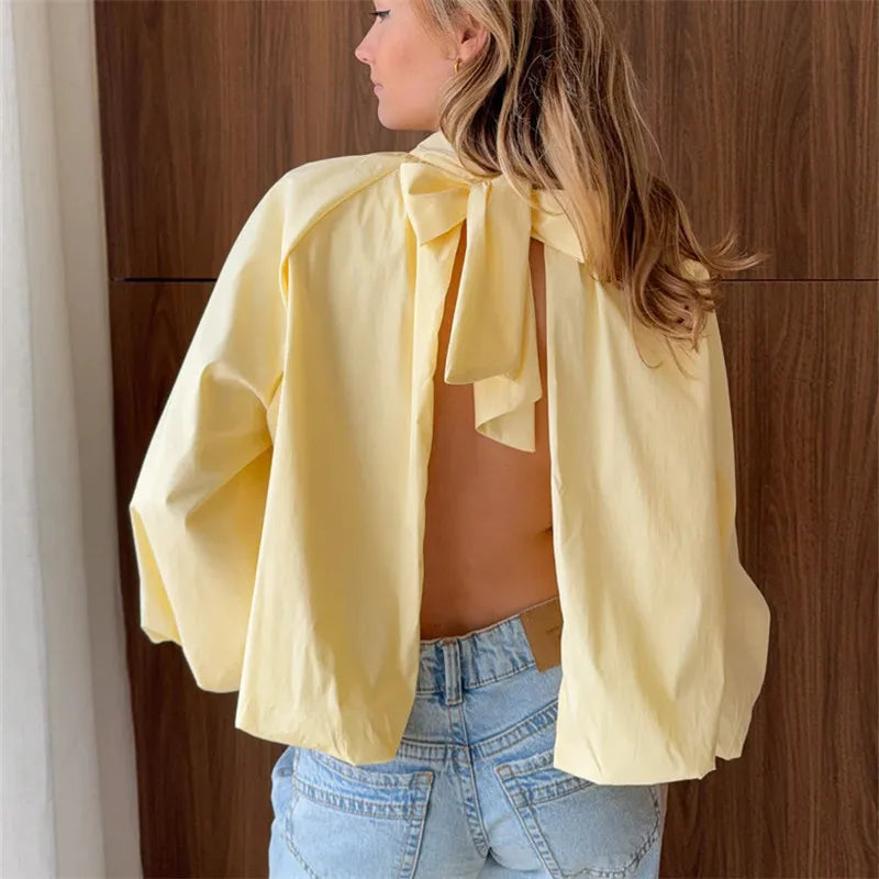 Women Backless Bow Tie Blouse Stand Collar Puff Long Sleeve Pleated Loose Cropped Shirt Solid Casual Daily Going Out Top