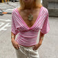 Striped Casual Tshirt Woman Clothes Fashion Deep V-Neck Batwing Sleeve Crop Tops Summer 2026