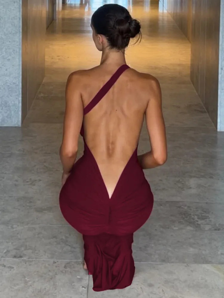 Halter Diagonal Collar Backless Sexy Maxi Dress Women Elegant Off-shoulder Sleeveless Bodycon Club Party Long Dress