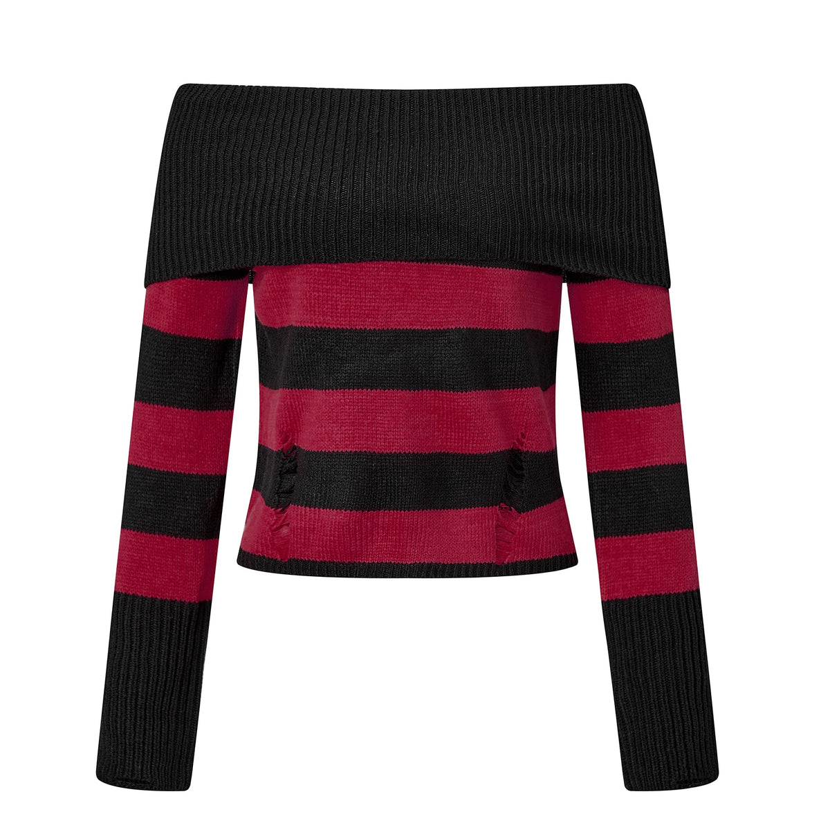 Women Off Shoulder Striped Knit Sweater Long Sleeve Distressed Ripped Hollow Out Loose Pullover Y2K Street Knitted Top