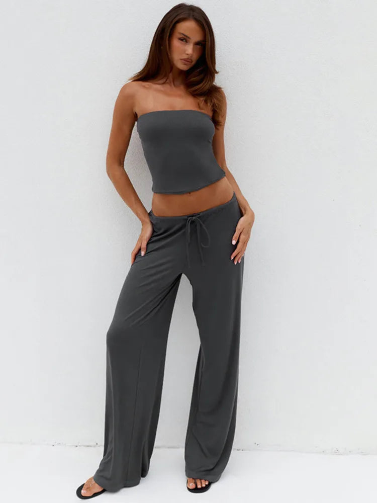 Fashion Long Pants Set Women Strapless Off-shoulder Crop Top Trouser Matching Sets Female Slim Fit Club Party Pants Set