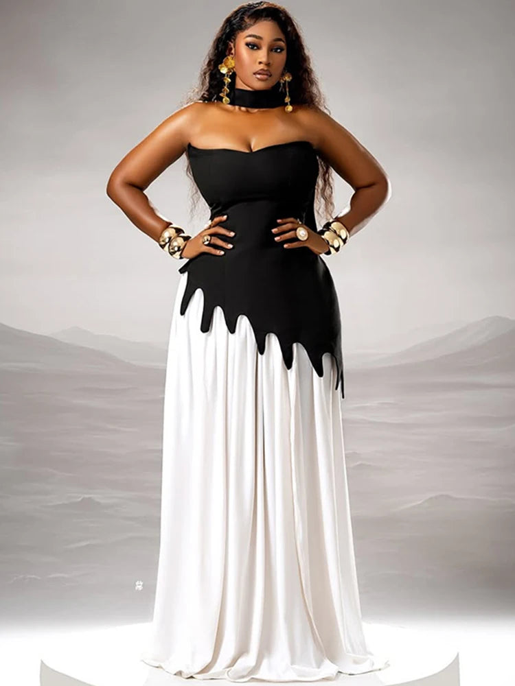 Patchwork Irregular Dress+Scarf Women Summer Elegant Simple Strapless Summer Party Birthday Skinny Slim Maxi Bodycon