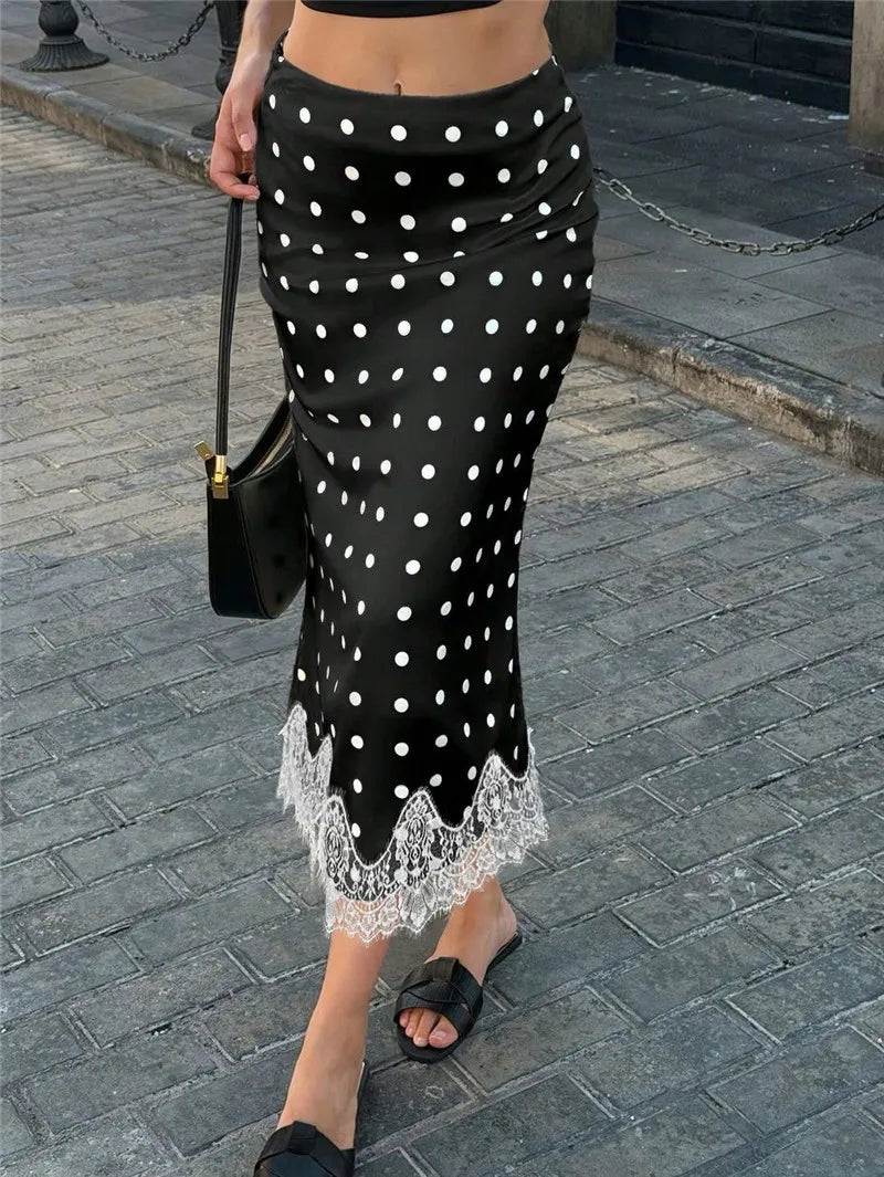 Vintage Floral Print Bodycon Long Skirt Women Polka Dot Lace Spliced Hem High Waist Mermaid Midi Skirt Casual Beachwear
